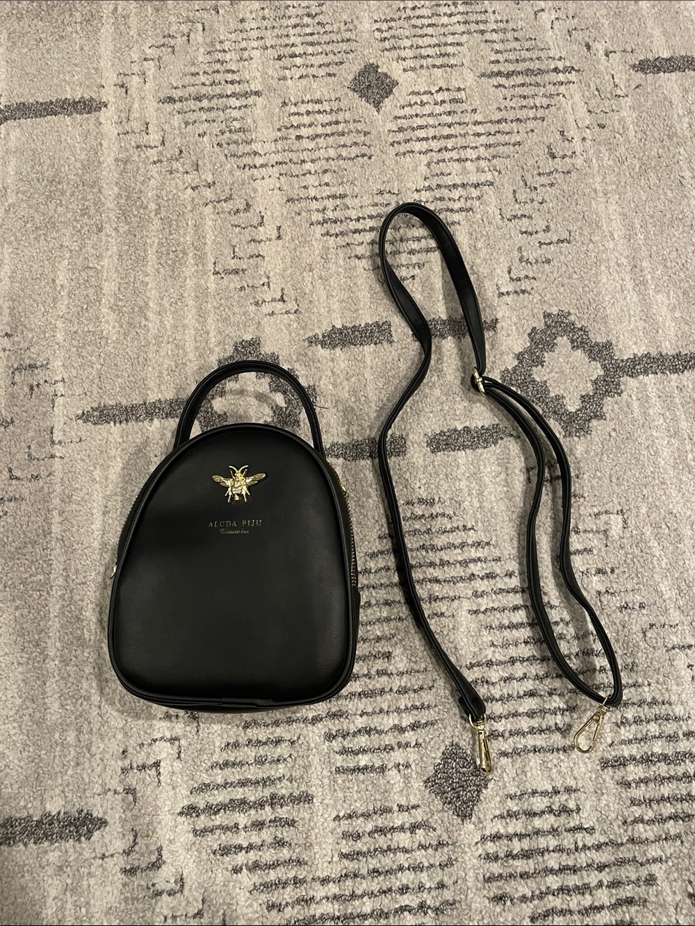 Black Leather Crossbody Bag with Gold Bee Accent